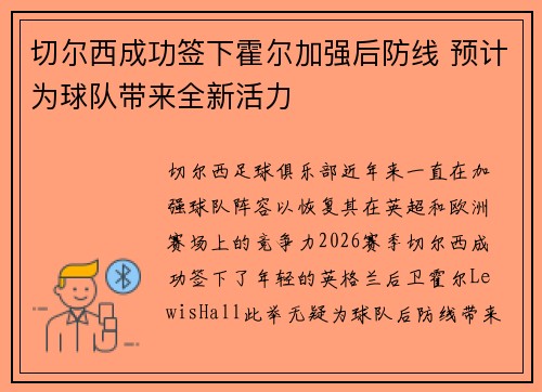 切尔西成功签下霍尔加强后防线 预计为球队带来全新活力